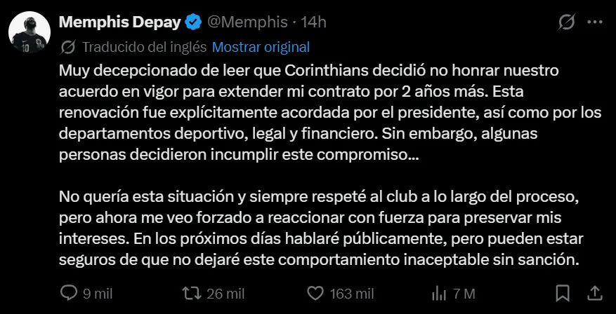 Memphis Depay arremetió contra Corinthians tras no renovar: “Forzado a la reaccionar”